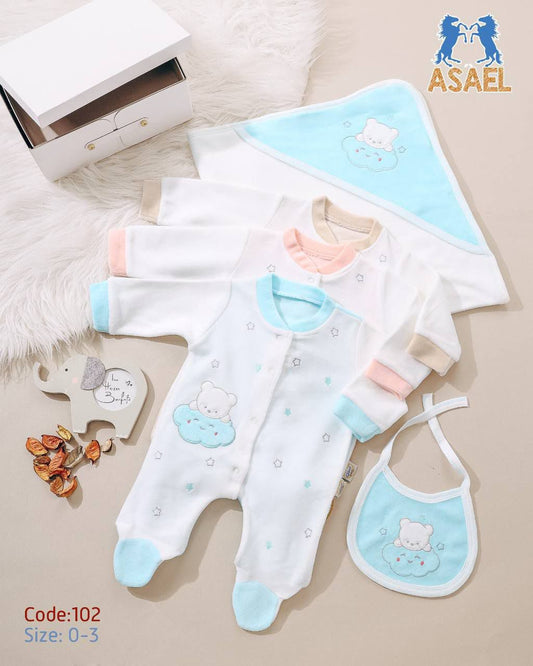 طقم مواليد 3 قطع مع كوفرتة مطرزة