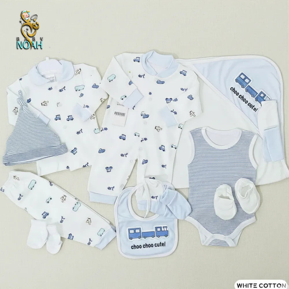 12-piece newborn set, hypoallergenic cotton, train design, boy, box packaging