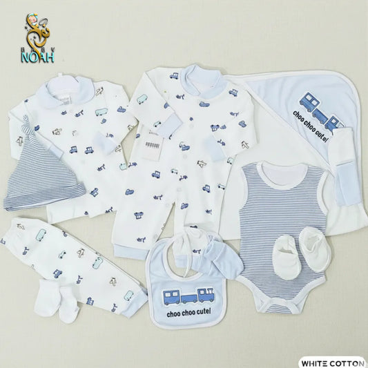 12-piece newborn set, hypoallergenic cotton, train design, boy, box packaging