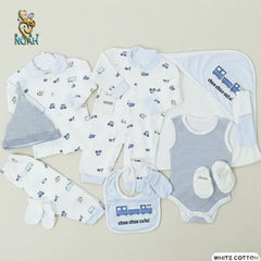 12-piece newborn set, hypoallergenic cotton, train design, boy, box packaging