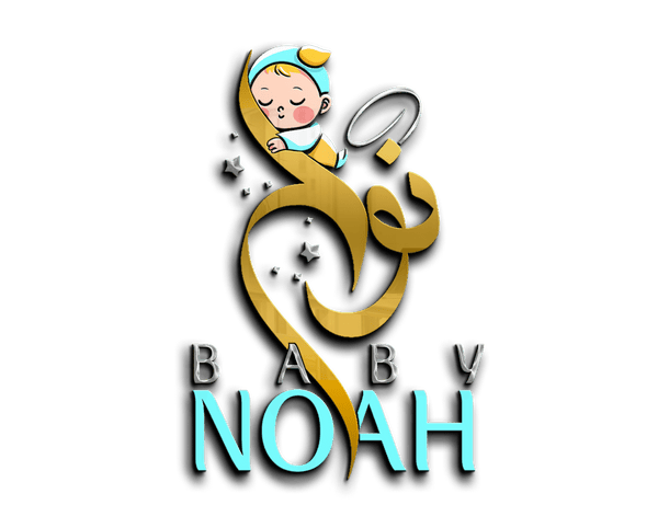 Logo of 'Baby Noah' with a child holding a fish and stars on a transparent background