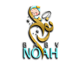 Logo of 'Baby Noah' with a child holding a fish and stars on a transparent background